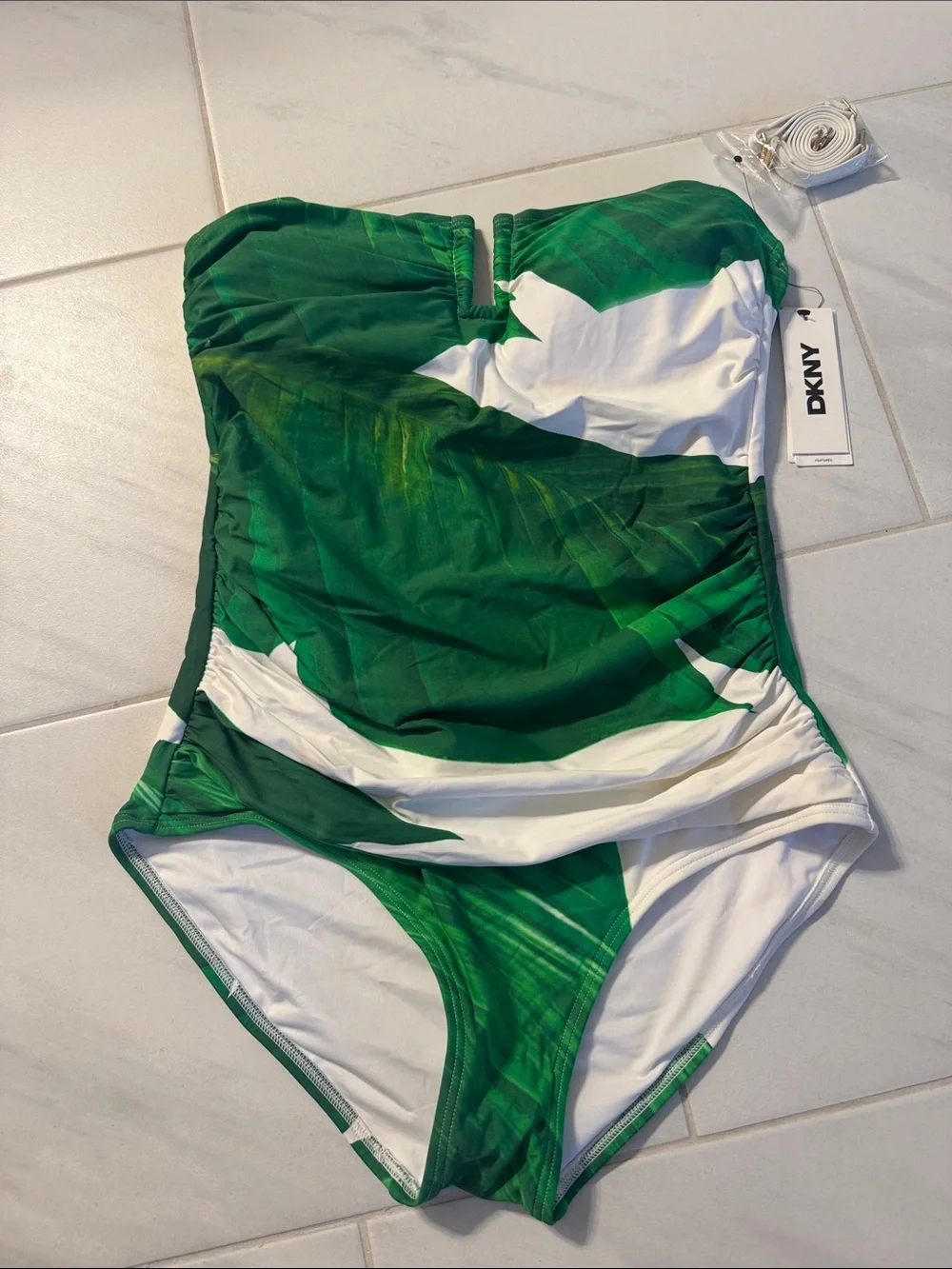 Never been worn- DKNY Green & White Strapless Ruched One-Piece Swimsuit - Picture 1 of 3
